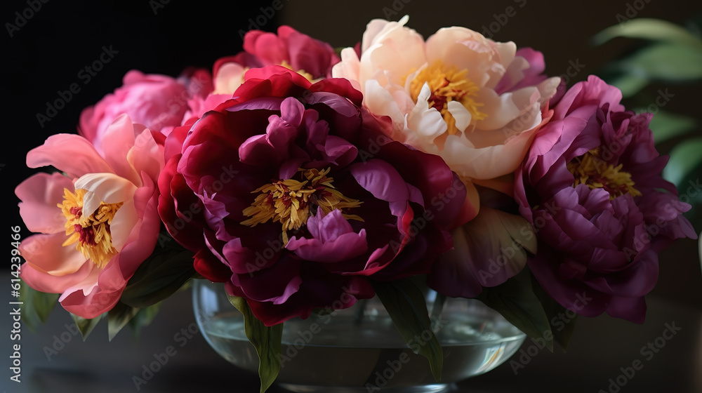 Bright white pink shrubby peony flowers in full bloom. Generative Ai Bright white pink shrubby peony flowers in full bloom. Generative Ai