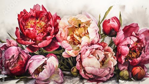 Fototapeta Naklejka Na Ścianę i Meble -  Bouquet of Pink Peonies closeup on a blurred green background. Generative Ai