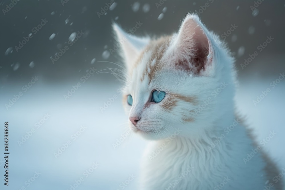 Cute little kitten with blue eyes on a snowy winter background
