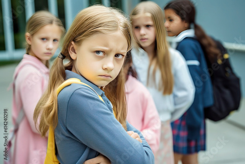 A sad girl intimidation moment on the elementary Age Bullying, Schoolyard. generative ai, ai, generative, neural network