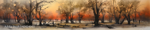 Bare trees watercolor border  wintertime landscape  generative AI