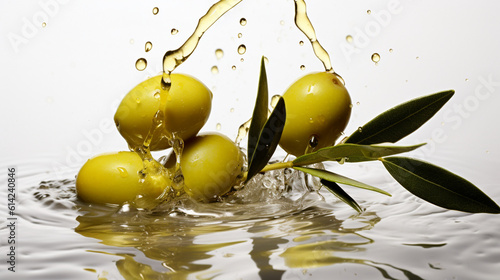 3 olive branch: 1 olive oil drop follows from 1 olive no splashes — no puddle of oil — no background. photo