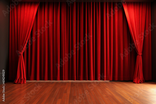 Red stage curtains velvet curtains and wooden stage floor.