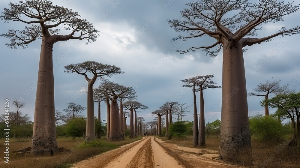 Beautiful Baobab trees at sunset at the avenue of the baobabs in Madagascar. Generative Ai