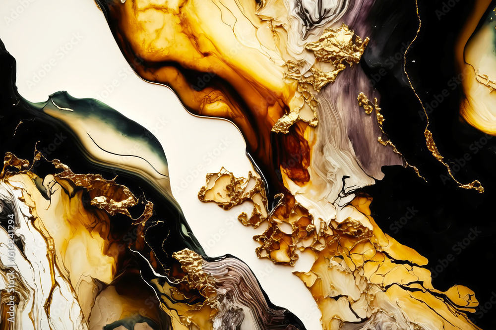 Fototapeta premium Fluid Art. Liquid black ink and gold metallic swirls and wave. Generative AI illustration