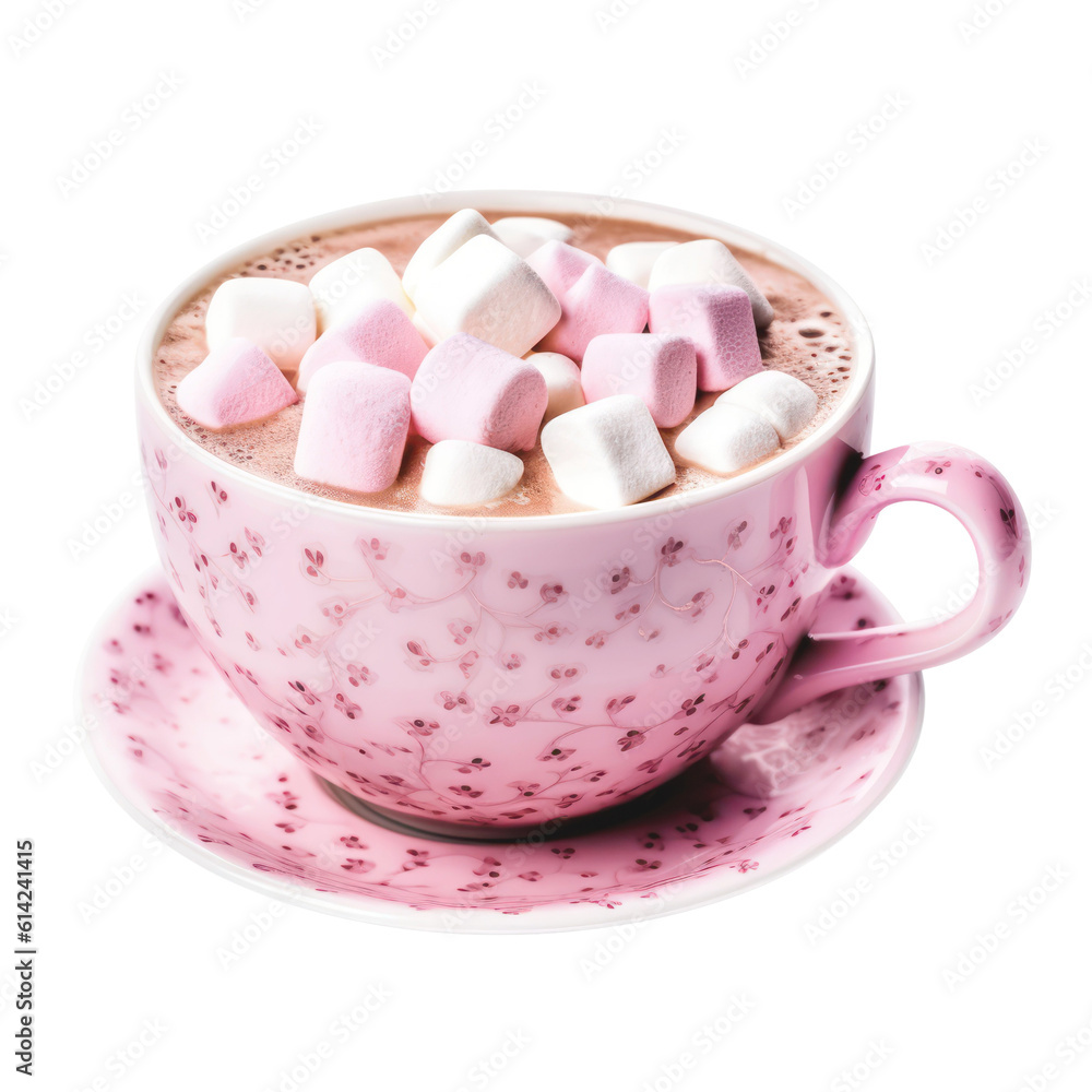 Chocolate with marshmallow in a pink cup isolated on transparent background, hot beverage, PNG, Chocolate with marshmallow in a pink cup isolated on transparent background, hot beverage, PNG,