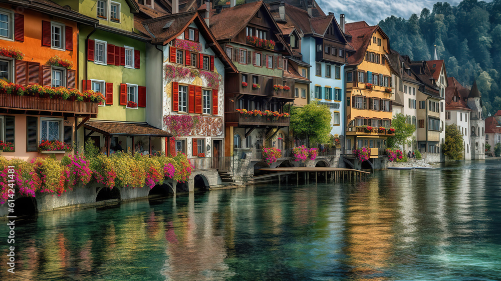 Fototapeta premium View of the historic city of Lucerne in the evening. Generative Ai