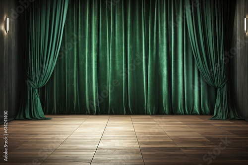 Green stage curtains velvet curtains and wooden stage floor.