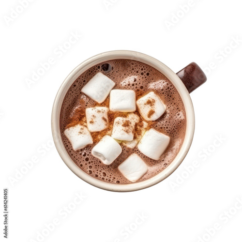 Chocolate with marshmallow isolated on transparent background, hot beverage cup, top view, PNG,