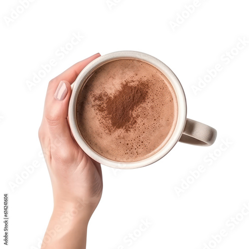 Chocolate cup isolated on transparent background, hot beverage, top view, PNG,