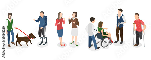 3D Isometric Flat  Conceptual Illustration of People with Different Types Of Disabilities