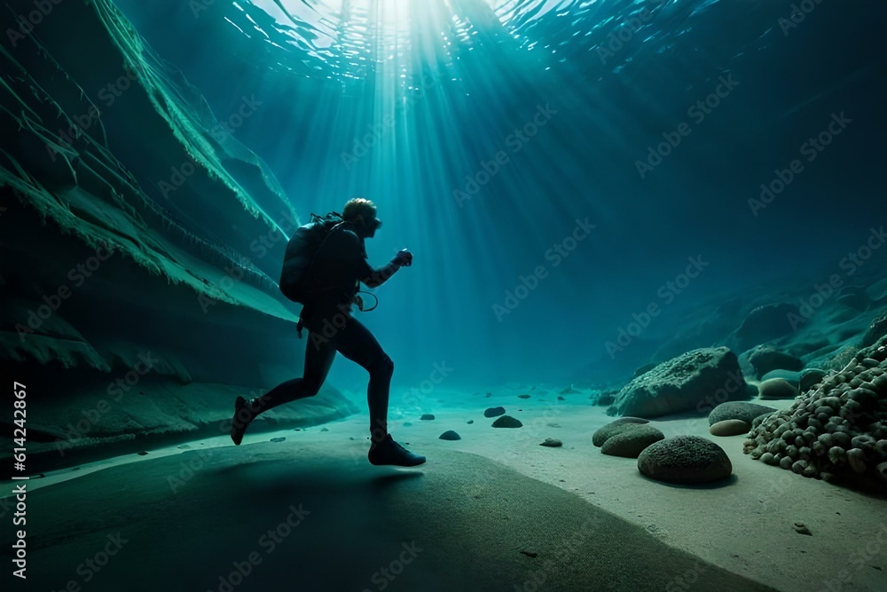 Scuba deep sea diver swimming in a deep ocean cavern . Underwater exploration. Into the abyss 03. Generative AI