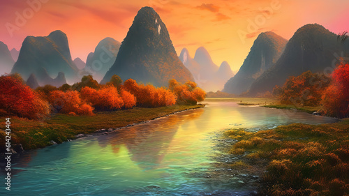 Li River scenery  Yangshuo  China. Generative Ai