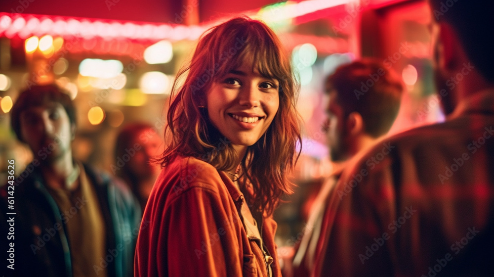 young adult woman is in a bar at night, nightlife and going out, meeting people and partying, partying and having fun, out with friends, fictional location