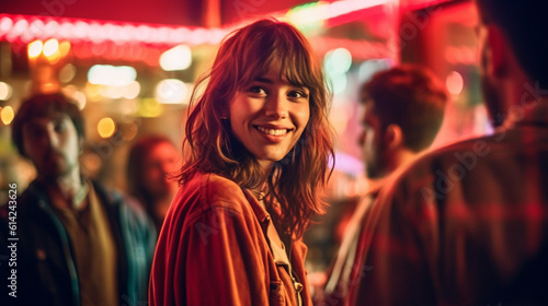 young adult woman is in a bar at night, nightlife and going out, meeting people and partying, partying and having fun, out with friends, fictional location