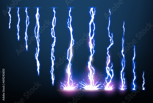 Lightning animation set with sparks. Electricity thunderbolt danger, light electric powerful thunder. Bright energy effect, vector illustration