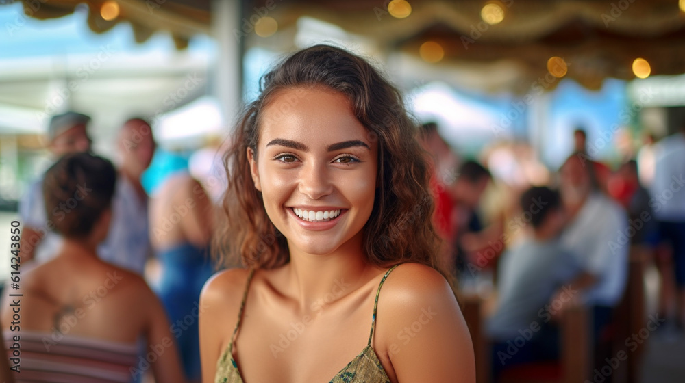 caucasian people, in a beach bar or beach cafe or beach restaurant, people spend their free time at sunset outside by the water, fictional place caucasian people, in a beach bar or beach cafe or beach restaurant, people spend their free time at sunset outside by the water, fictional place