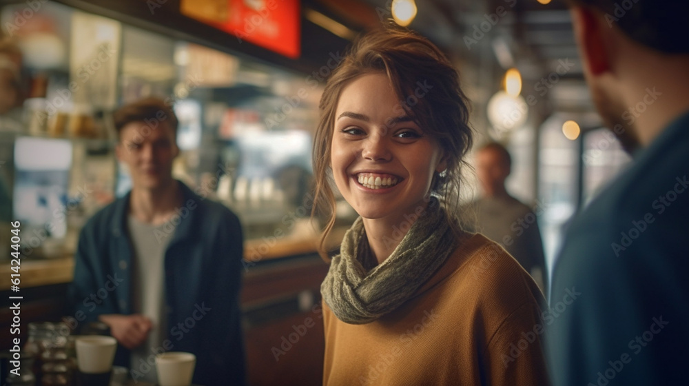 young adult woman or teenager in a bar or cafe or restaurant, out and about with friends, fun and joy, contentment in free time or at the weekend, fictitious place