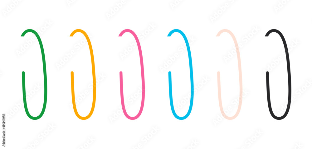 Colorful paper clips set attached to paper. Stationery clip art. Vector illustration isolated on white background Colorful paper clips set attached to paper. Stationery clip art. Vector illustration isolated on white background