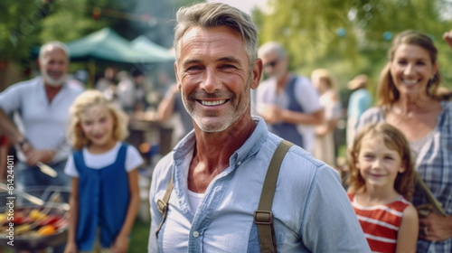 caucasian mature middle-aged adult man at a garden party with family and friends, kids and siblings photo