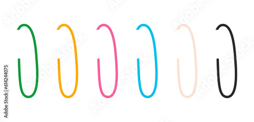 Colorful paper clips set attached to paper. Stationery clip art. Vector illustration isolated on white background