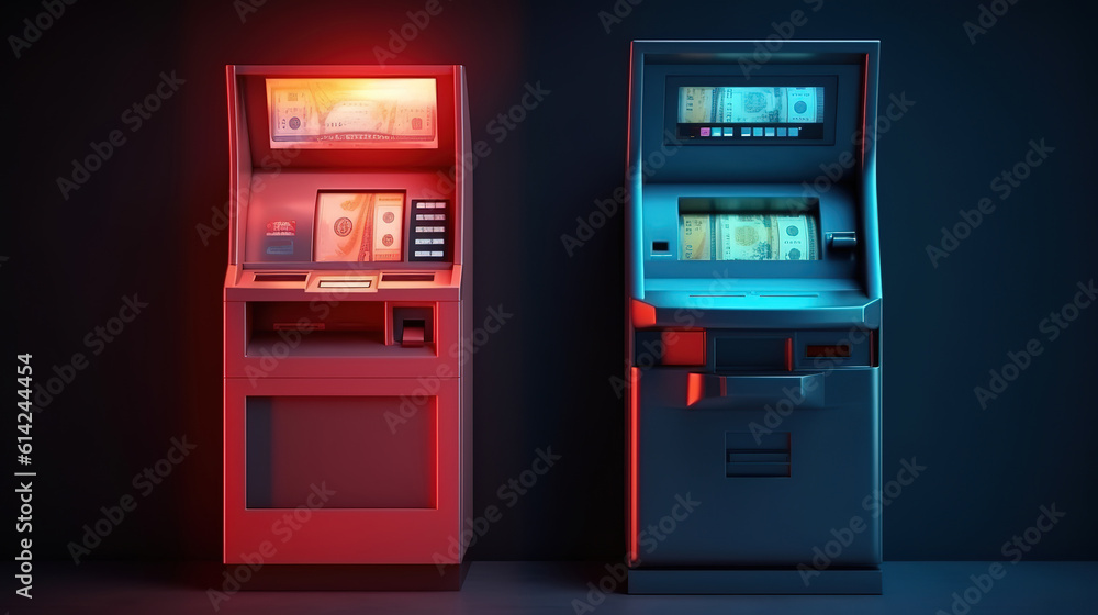 Woman hand withdrawing money from outdoor bank ATM. Generative Ai Woman hand withdrawing money from outdoor bank ATM. Generative Ai