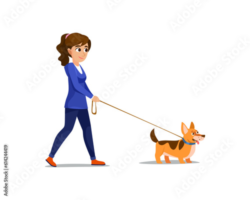 A girl walking a Welsh Corgi on a leash isolated on a white background. Icon of a happy woman with her pet dog. A cute puppy is on a walk with its owner. Cartoon vector illustration.