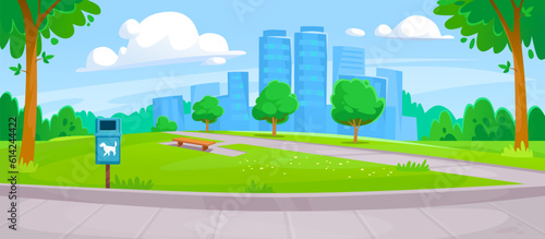Landscape view of a pet-friendly public park with a pet waste disposal station. Empty park designed for people walking their animals with a box of dog poop bags installed. Cartoon vector illustration