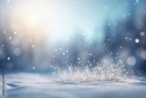 Beautiful winter snow background with snowdrifts, with beautiful light and snow flakes on the blue sky. Ai generative.