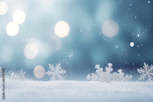 Beautiful winter snow background with snowdrifts, with beautiful light and snow flakes on the blue sky. Ai generative. © Nataly