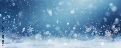 Beautiful winter snow background banner with snowdrifts, with beautiful light and snow flakes on the blue sky. Ai generative.