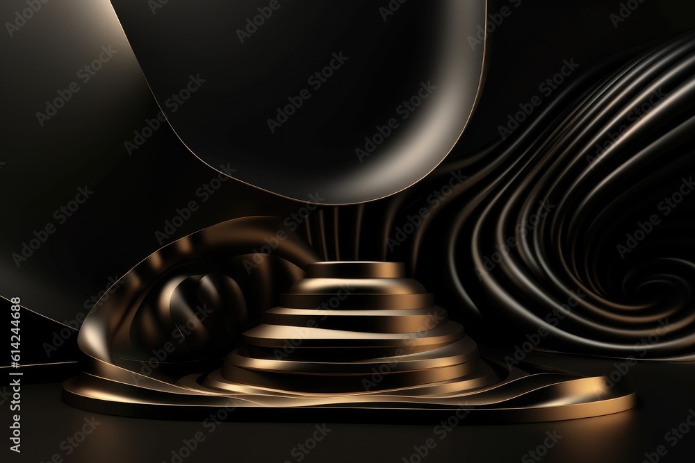 Beautiful black abstract luxury background with texture of wavy lines with golden elements. Ai generative.