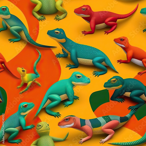 Cartoon lizards cute funny seamless repeat pattern tropical Mexican  Generative AI  