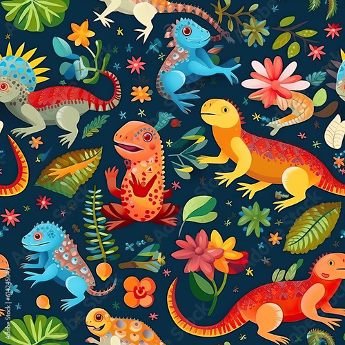 Cartoon lizards cute funny seamless repeat pattern tropical Mexican [Generative AI]  © Roman