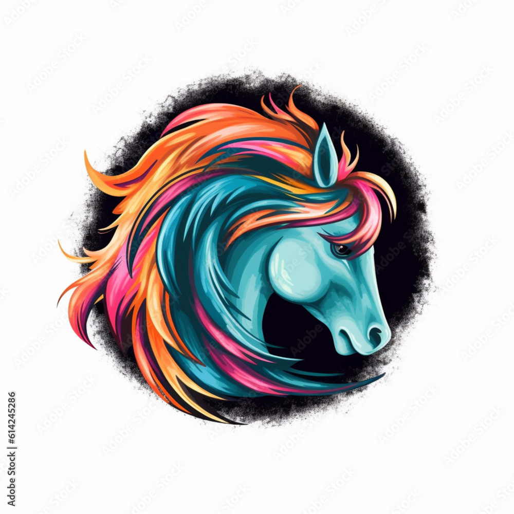 Illustration, Generative AI, colorful Horse icon with mane, emblem, white background.