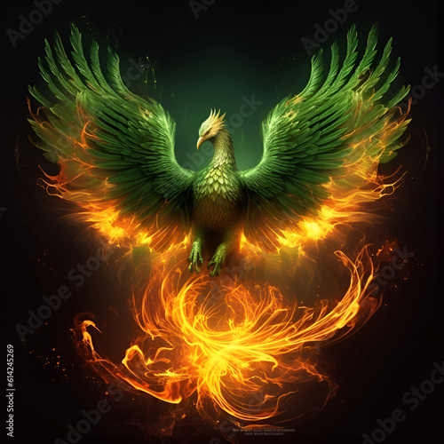 Illustration, Generative AI, green firebird and fire, the phoenix bird.