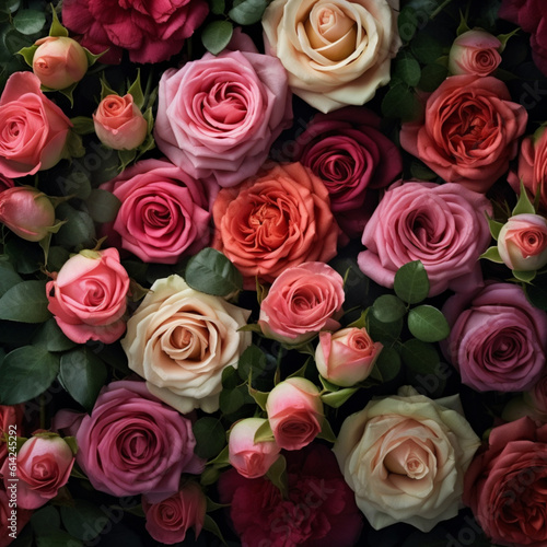 Illustration, Generative AI, realistic roses of different colors, beautiful floral background, top view. © MaskaRad