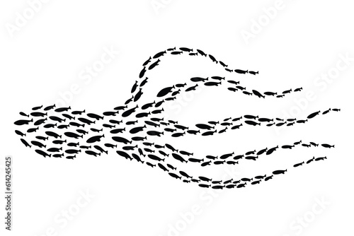 Fish school or shoal, vector silhouette. Shoal of fishes isolated on white. Sea fishes group in ocean or marine water. Illustration of colony small fish