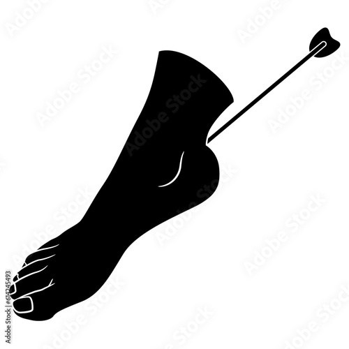 Achilles heel. Bare human foot pierced with an arrow. Metaphor for week spot. Ancient Greek mythology. Black and white silhouette. 