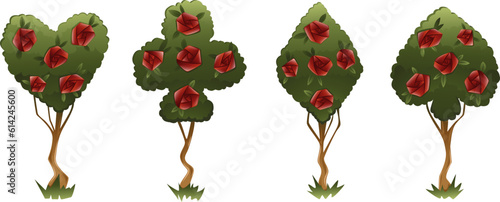 green bushes trees with red roses in shapes of cards. Club, diamond, heart, and spade