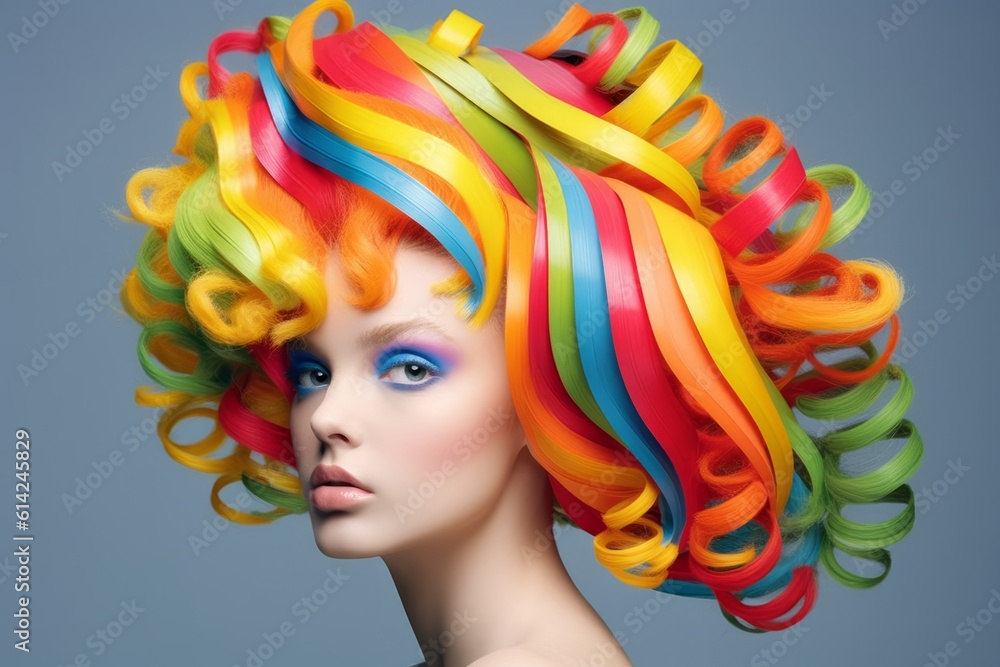 Naklejka premium Illustration of a woman with vibrant and colourful hair and makeup, photographed on a white background - created through generative AI created with Generative AI technology