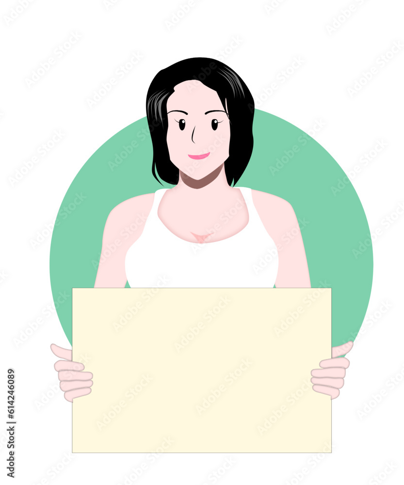 Girl holding blank paper for presentation. A female was holding an empty banner. People holding placard. Happy female with an empty placard. Girl was smile. Girl holding blank paper for presentation. A female was holding an empty banner. People holding placard. Happy female with an empty placard. Girl was smile.