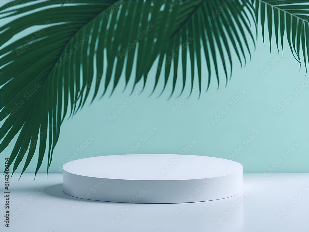 white product podium with green palm leaves white product podium with green palm leaves