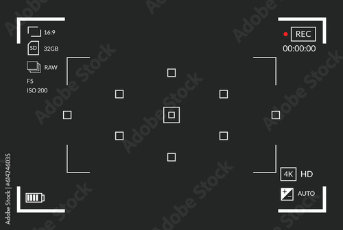 Viewfinder video recording. Camera focusing screen. Black screen camera with video shooting parameters, video quality indicators. Digital zoom recording for modern bloggers, vector illustration