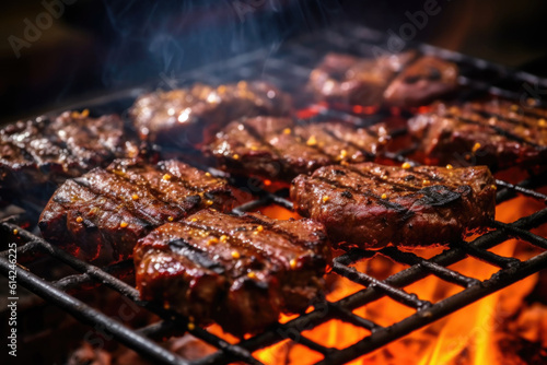 Closeup of grilled meat on a bbq grid. AI generative