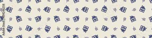 Masculine block print house vector ribbon. Seamless sketchy city street organic style for rustic washi tape. photo