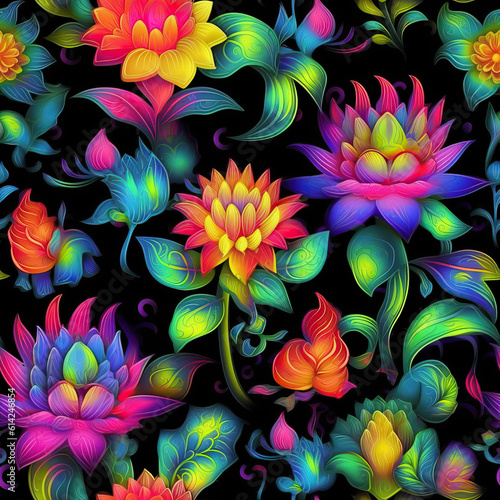 Colorful glass flowers seamless repeat pattern on black [Generative AI] 