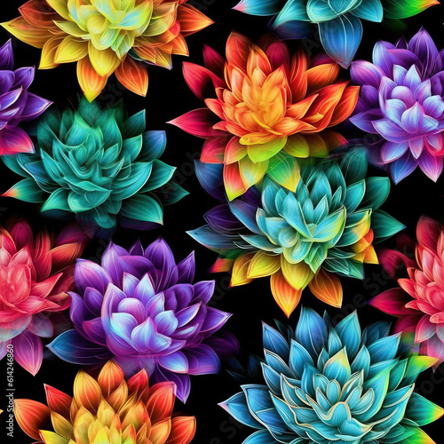 Colorful glass flowers seamless repeat pattern on black [Generative AI] 