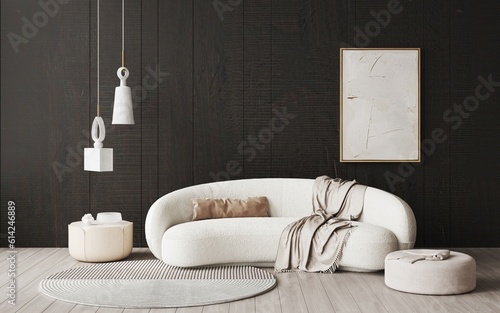 3d rendering of modern living room with semi circule white sofa with a blanket. Dark wooden decorative panels on the wall.Decor plaster light, eco design.Beige abstract wave texture images art on wall