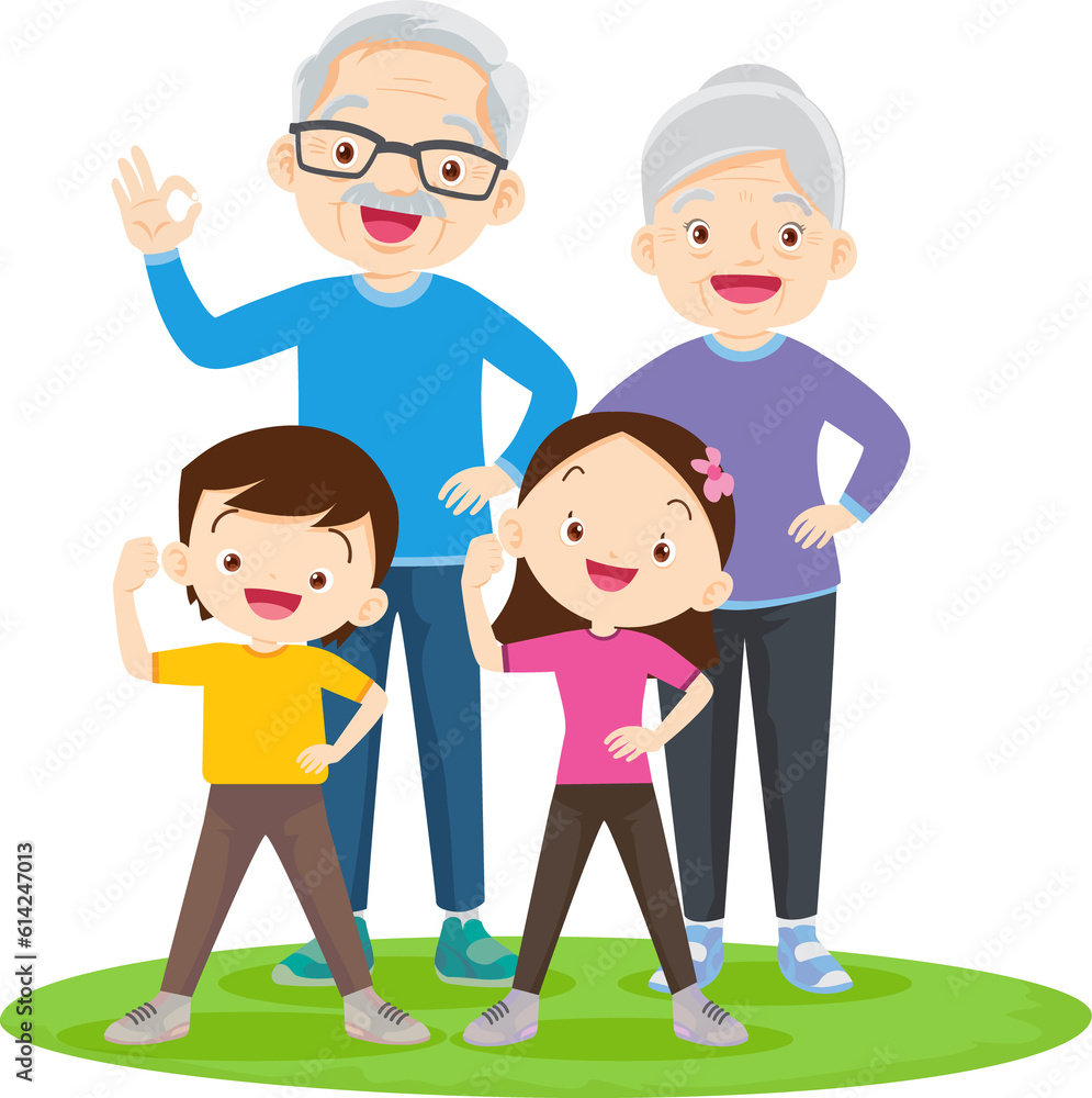 family exercising together For Good Health Grandfather grandmother father mother daughter son